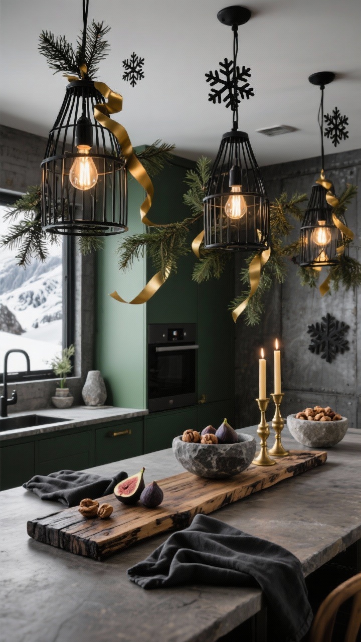 Wide angle from a corner of an industrial alpine kitchen with black iron cage pendants dressed in asymmetrical cedar sprays and matte gold ribbon; clipped black metal snowflakes echo the fixtures. On the island: a charred wood board styled with brass candlesticks, charcoal linen napkins, and stone bowls filled with nuts and figs. Palette iron black, forest green, matte gold, charcoal; materials iron, stone, raw wood, linen; warm bulbs soften industrial edges; bold, cozy sophistication; no people.