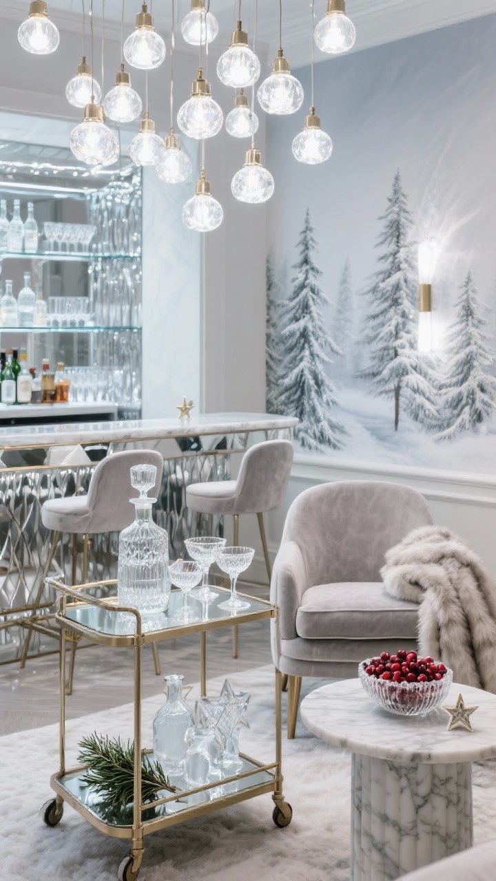 Wide bar lounge vignette with luxe ice feel: mirrored bar cart styled with cut-crystal glassware, frosted decanters, and a bowl of sugared cranberries; velvet accent chairs in soft dove gray with a faux fur throw draped over one; marble side table; overhead cluster of glass pendants with cool white bulbs mimicking sparkling ice; backdrop featuring a misty pines peel-and-stick mural or silver grasscloth wallpaper; small garnish station with rosemary sprigs, sugared rims, and star-shaped ice cubes; shimmering, sophisticated lighting; photorealistic, no people.