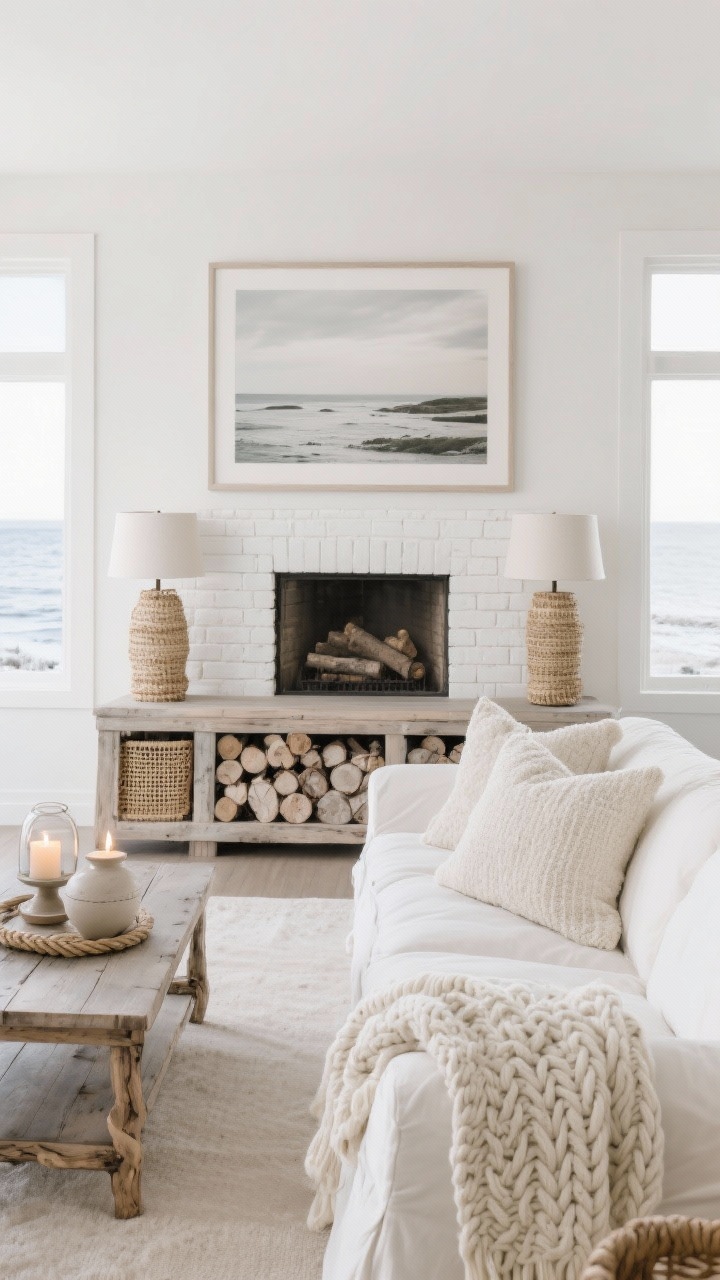 Wide coastal living room, Cozy Coastal in Winter Whites: slipcovered sofa in ivory with bouclé pillows and chunky cable-knit throws, washed wood console and a white brick fireplace with stacked birch logs, rope or seagrass table lamps on either side, woven textures throughout, ceramic hurricanes with flickering candles on the coffee table, palette of ivory, sand, fog-gray, and driftwood tones, large muted coastal photograph above the console, calm overcast daylight for a serene winter-on-the-coast mood, photorealistic.