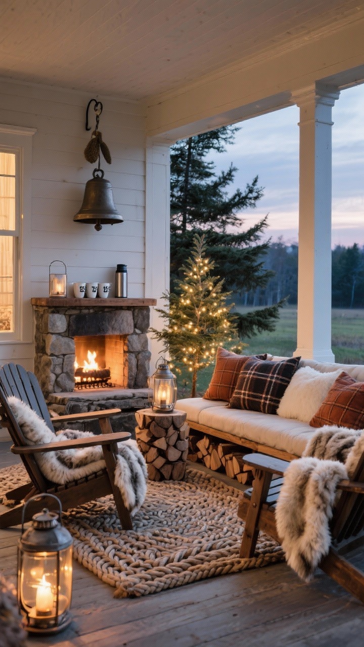 Wide exterior porch scene at dusk: covered porch with a stone fireplace glowing; Adirondack chairs layered with faux fur throws; braided wool rug underfoot; chunky bench styled with flannel pillows; oversized bells hanging from a wall hook; hot drink station with enamel mugs and a thermos; small outdoor tree with twinkle lights; palette charcoal, cream, pine, rust; materials stone, wood, wool, metal; outdoor-safe lanterns and a stacked wood holder for warmth.