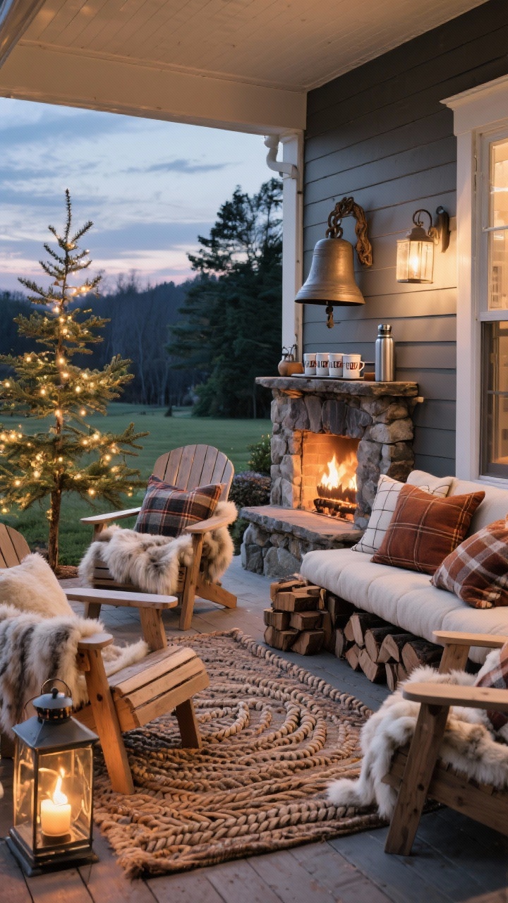Wide exterior porch scene at dusk: covered porch with a stone fireplace glowing; Adirondack chairs layered with faux fur throws; braided wool rug underfoot; chunky bench styled with flannel pillows; oversized bells hanging from a wall hook; hot drink station with enamel mugs and a thermos; small outdoor tree with twinkle lights; palette charcoal, cream, pine, rust; materials stone, wood, wool, metal; outdoor-safe lanterns and a stacked wood holder for warmth.