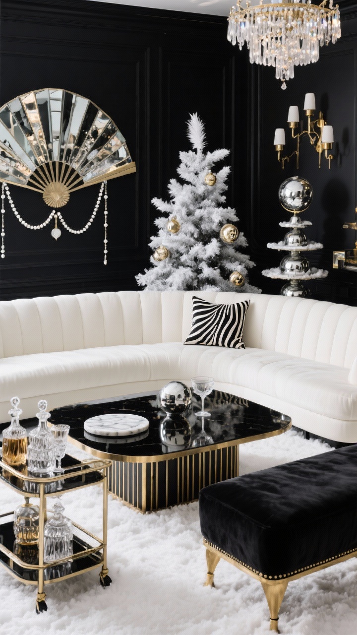 Wide glamorous lounge shot, Art Deco snow theme: black, white, and champagne palette; curved ivory velvet sofa, black lacquer coffee table with brass inlay; mirrored bar cart with cut-crystal decanters and coupe glasses; fan-pattern statement mirror on the wall; flocked white or black tinsel tree with pearl garlands, feather picks, and mirrored ornaments; globe sconces and a tiered chandelier sparkling; zebra-print pillow, marble coasters, velvet bench with brass legs; moody, polished reflections; straight-on view.