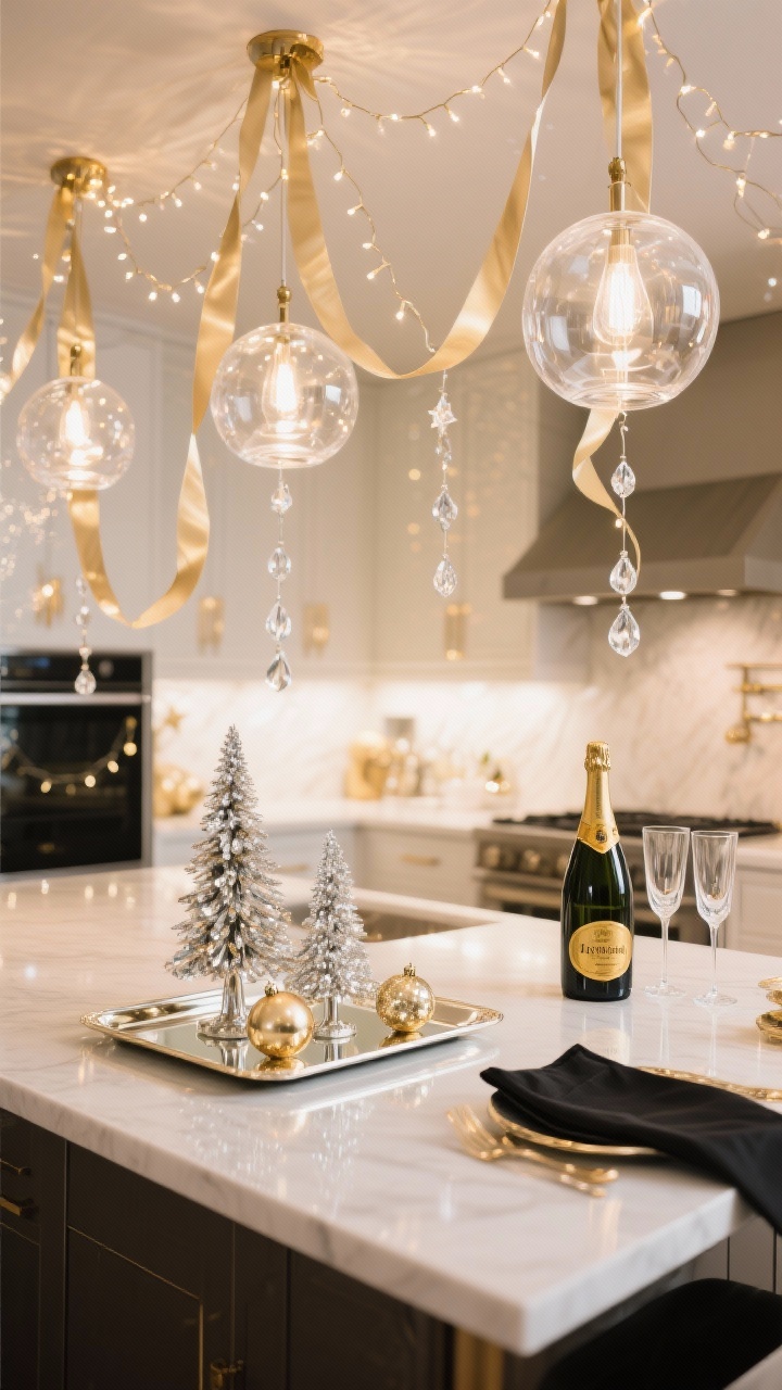 Wide glamour shot of a sleek kitchen with clear glass globe pendants draped in champagne ribbon and delicate crystal drops that catch and prism the light; fine wire fairy lights spiral around the cords for a starry effect. On the island: a mirrored tray holding mercury glass trees, champagne-colored ornaments, and a bottle of bubbly with gold-stamped flutes; black napkins add a sharp contrast. Palette champagne, soft gold, ivory, clear glass; high shine and reflections; party-ready sparkle; no people.