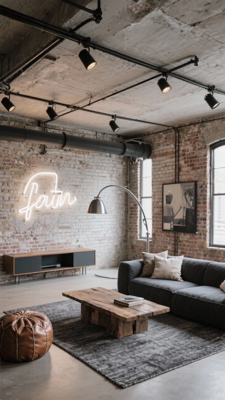 Wide loft angle, Industrial Loft With Track Lighting and Neon Accent: High-ceiling room with exposed brick walls grazed by matte black track lighting aimed at art and architectural details. A low charcoal sectional faces a reclaimed wood coffee table on a graphite flatweave rug. A brushed steel arc floor lamp arches over the seating. Above the media console, a custom soft-white neon sign glows. Leather poufs and linen pillows add texture. Gritty, modern, photo-ready, photorealistic.