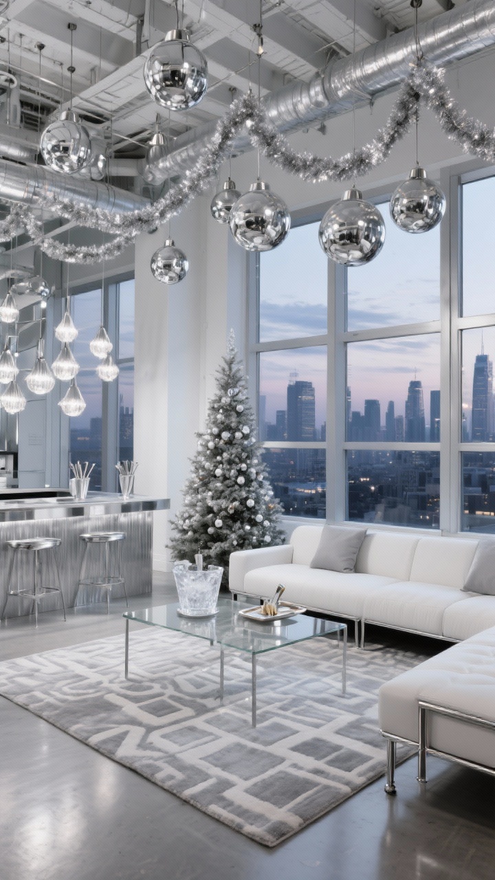 Wide loft shot emphasizing height and shine: Silver Bell Sky Loft with silver-on-silver tones, smoky gray, and glossy white; low-profile sectional with chrome legs, oversized subtle geometric area rug, glass nesting tables; slim pencil tree decorated only with matte, satin, and mirrored metallic ornaments; silver bell garlands draped across ceiling beams, restrained metallic tinsel; clustered pendant or orb chandeliers at staggered heights; mirrored tray bar moment with crystal ice bucket and stainless cocktail tools; twilight city skyline through big windows; clean, sleek, photorealistic.