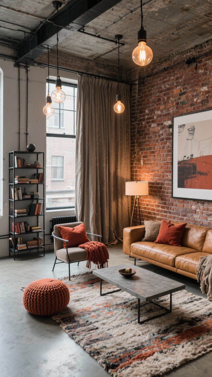 Wide loft shot from a slight overhead corner angle: Urban industrial space with exposed brick and metal softened by layered warmth. Camel leather sofa, black metal bookshelf, concrete-look coffee table. Wool rugs underfoot, rust-colored pillows and textured throws over chair backs. Heavy linen room-dividing curtain creating a snug zone within the open plan. Lighting: Edison bulb pendants and an uplight floor lamp bouncing warm light off the brick. Palette: brick, camel, rust, graphite. Oversized art print on the wall, knit poufs.