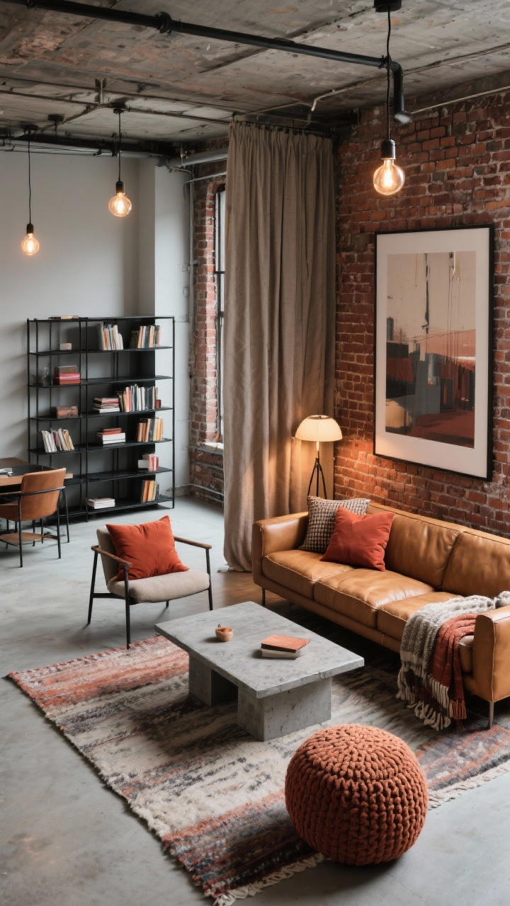 Wide loft shot from a slight overhead corner angle: Urban industrial space with exposed brick and metal softened by layered warmth. Camel leather sofa, black metal bookshelf, concrete-look coffee table. Wool rugs underfoot, rust-colored pillows and textured throws over chair backs. Heavy linen room-dividing curtain creating a snug zone within the open plan. Lighting: Edison bulb pendants and an uplight floor lamp bouncing warm light off the brick. Palette: brick, camel, rust, graphite. Oversized art print on the wall, knit poufs.