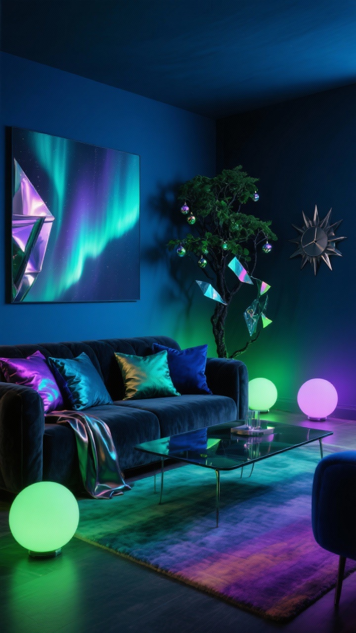Wide moody lounge evoking the Northern Lights: inky blue accent wall, charcoal velvet sofa layered with iridescent pillows in violet, teal, emerald, and midnight blue; smoked glass coffee table, plush ombre rug; color-changing smart bulbs casting green and purple gradients, glow spheres in corners; deep green or black tree with iridescent ornaments, glass shard accents, and satin ribbons; abstract metallic prints and a gunmetal starburst clock; low ambient light with vivid color washes; angled corner perspective.