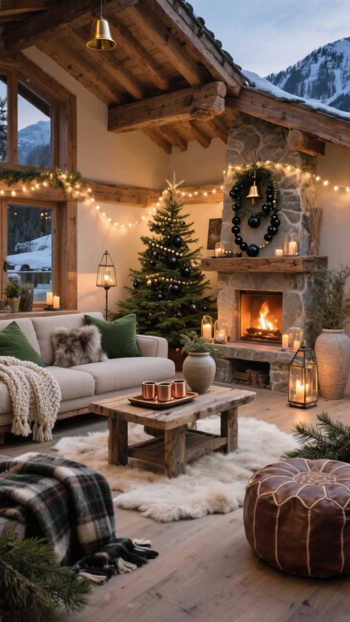 Wide room shot of an Alpine chalet-inspired living room at dusk: warm neutral palette of taupe, cream, and charcoal with pops of forest green; low-profile linen sofa layered with a chunky knit throw and mixed-tone faux fur pillows; reclaimed wood coffee table styled with a tray of copper mugs; stone-look fireplace glowing with soft amber light; full traditional evergreen tree with matte black ornaments, wood bead garlands, and brass bells; floor lanterns, candles in hurricane vases, and warm white fairy lights strung across exposed beams; sheepskin rugs underfoot, plaid wool blankets draped, leather poufs, and cedar branches in a tall ceramic vase; no people, photorealistic, corner angle.