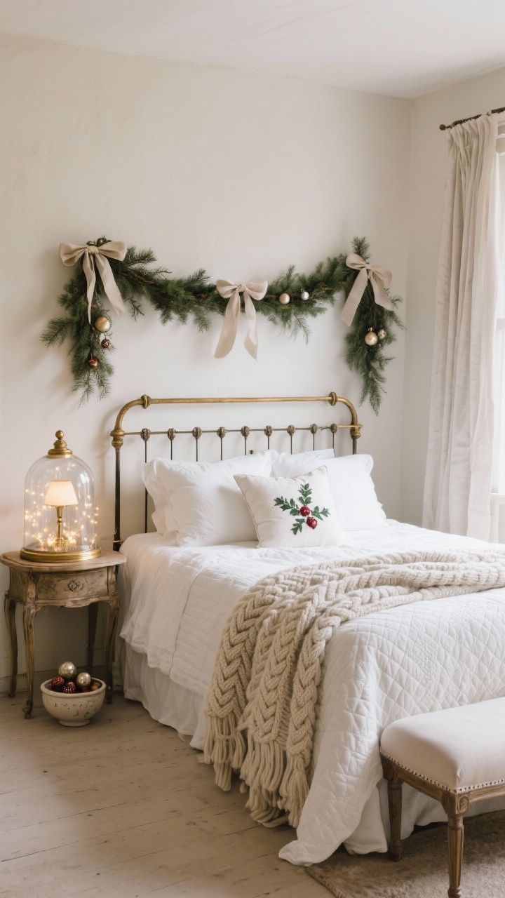 Wide, serene bedroom scene, straight-on: French country cottage bedroom with an iron bed dressed in crisp white linen, quilted coverlet, chunky cable-knit throw at the foot; embroidered holly pillows; upholstered bench at the end of the bed; nightstand with vintage brass lamp, glass cloche filled with fairy lights, small ceramic bowl of ornaments; narrow pine garland with satin ribbon bows on the headboard; palette ivory, soft taupe, antique brass, frosted greenery; soft filtered light through linen blackout curtains.