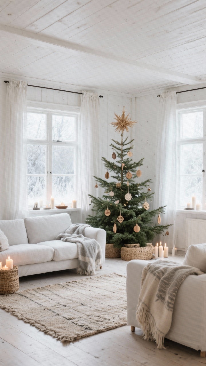 **Wide Shot**: "A Swedish rustic living room with whitewashed wood finishes, natural fiber rugs, and throws. The minimalist Christmas tree is adorned with straw stars and wood ornaments. Lightweight curtains frame frosty windows, all within a calming palette of whites, creams, and soft greys. Scattered candles add a tranquil atmosphere."