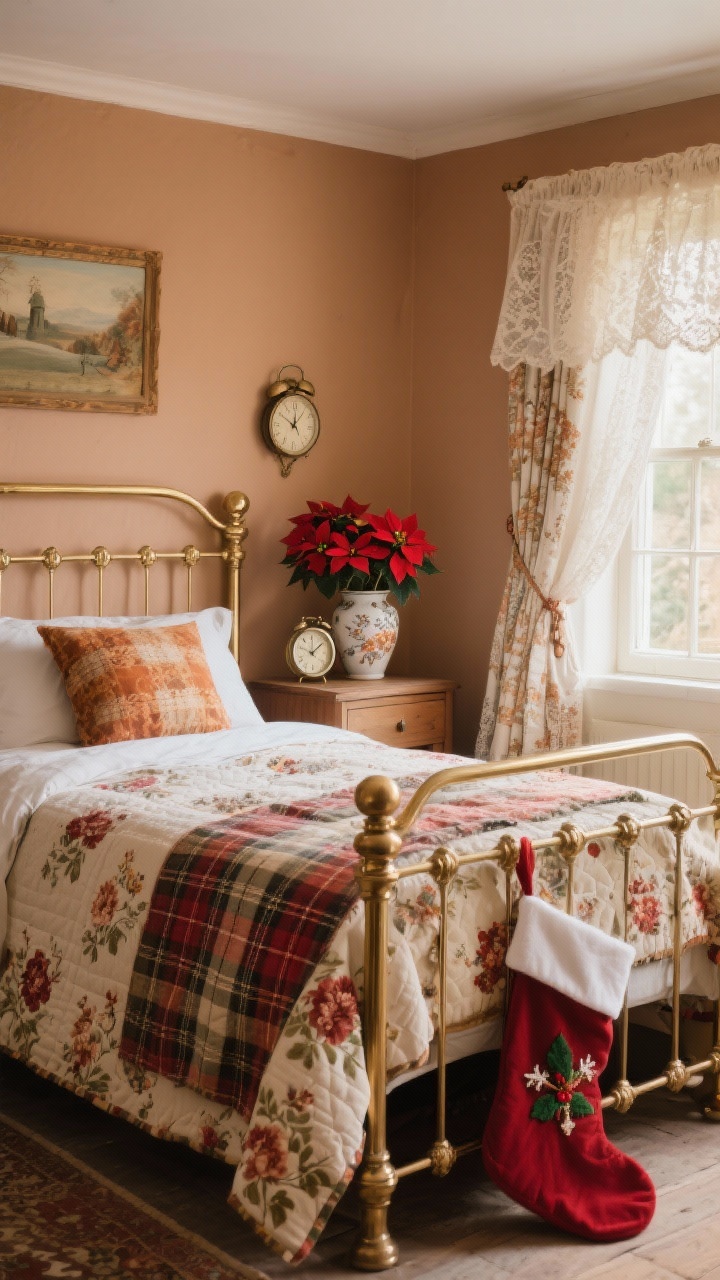**Wide Shot**: "A traditional English bedroom styled like a holiday cottage. A brass bedstead is layered with plaid and floral quilts, a vintage alarm clock, and a ceramic vase with red poinsettias on the nightstand. The autumnal-toned walls and lace curtains softly filter morning light. A Christmas stocking is placed at the foot of the bed."