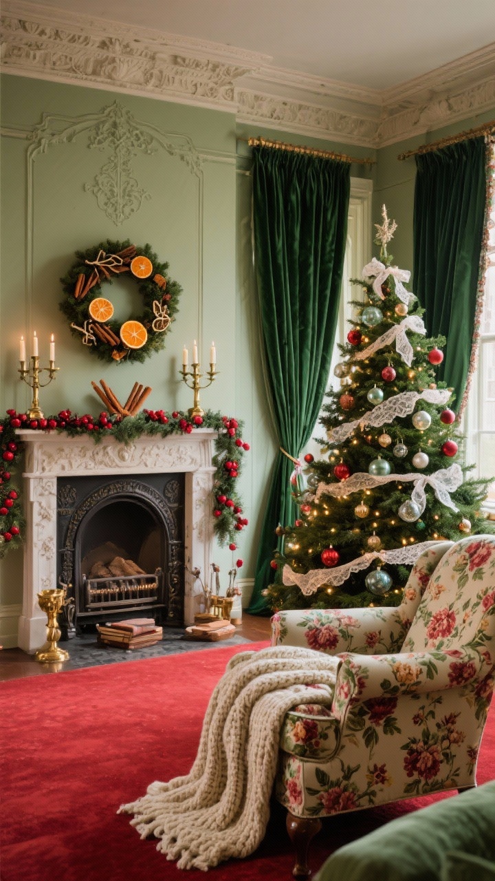 **Wide Shot**: "A Victorian living room adorned for Christmas with deep green velvet curtains and a ruby-red carpet. A grand, pre-lit Christmas tree stands in the corner, decorated with glass baubles and lace ribbons. The antique fireplace mantel displays brass candleholders and a handmade wreath with dried oranges, cinnamon sticks, and cranberry garlands. An overstuffed, floral-print armchair with a hand-knit throw completes the scene."