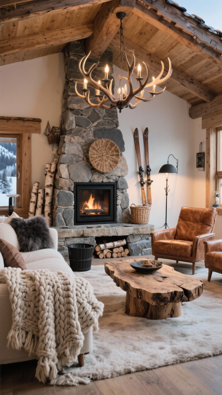 Wide shot: Alpine chalet living room with a stone-look fireplace (or matte black electric insert) as focal point, warm neutrals palette of oatmeal, charcoal, cognac, and creamy white. A chunky wool or sherpa sofa layered with oversized cable-knit throws and taupe/charcoal faux fur pillows, live-edge wood coffee table, and two aged cognac leather club chairs. Iron floor lamp in one corner, antler-style chandelier overhead. Details: woven baskets, vintage skis on the wall, birch logs in a black metal bin. Soft evening glow, photorealistic, no people.