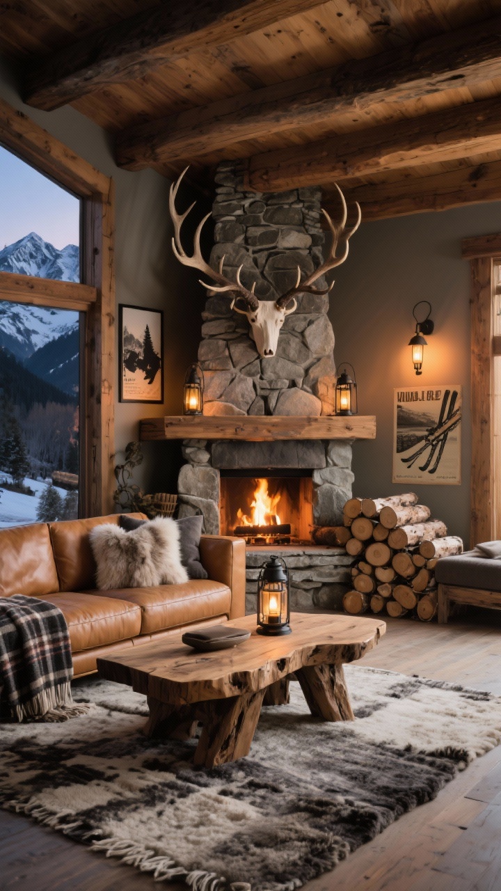 Wide shot, Alpine Lodge Chic living room: a stone or faux-stone fireplace as the focal point with warm firelight glow and iron lanterns, camel leather sofa facing a live-edge raw wood coffee table, chunky wool rug underfoot, plaid throws and faux fur pillows layered on seating, warm taupe, charcoal, cream, and cognac palette, rustic beams overhead, antler-inspired sconces, stack of split logs beside the hearth, vintage ski posters and black-and-white mountain photography on the walls, photorealistic, twilight interior lighting with warm-toned sconces.