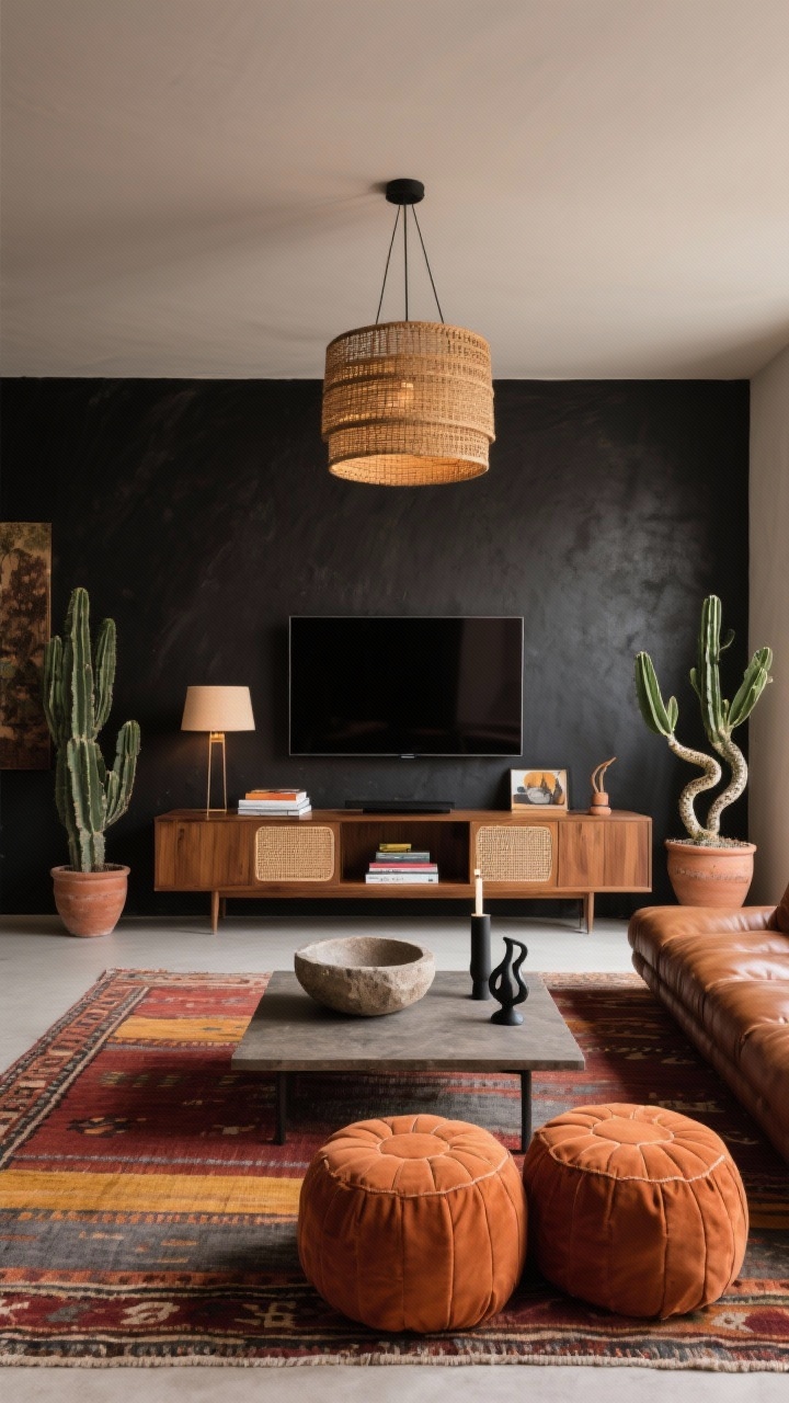 Wide shot, Desert Modern Media Room: deep charcoal accent wall behind the TV for cinematic contrast; a low caramel leather sofa with two terracotta poufs; flat-weave kilim rug in rust, ochre, and slate anchoring the seating; long, low warm-wood media console with cane doors; rattan drum pendant overhead and dimmable floor lamps creating moody, layered lighting; coffee table styled with a stone bowl, art books stack, and a sculptural black candleholder; cactus and snake plant in clay pots completing the sun-baked, tactile vibe.
