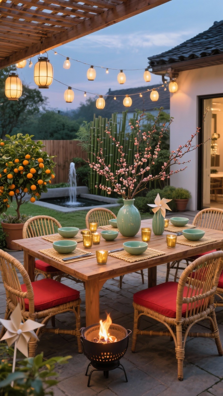 Wide shot, garden-to-table courtyard setup: string of outdoor-safe lanterns glowing overhead at dusk; slatted wood table set with bamboo placemats and ceramic bowls in celadon; potted kumquat trees heavy with fruit and tall vases of plum blossom branches adding seasonal energy; rattan chairs with red seat cushions around the table; a portable fire bowl providing subtle warmth; accents of paper pinwheels and gold tea-light cups; a small bamboo water feature in the background; palette of natural wood, jade, red, fresh green; twilight ambiance, corner angle.
