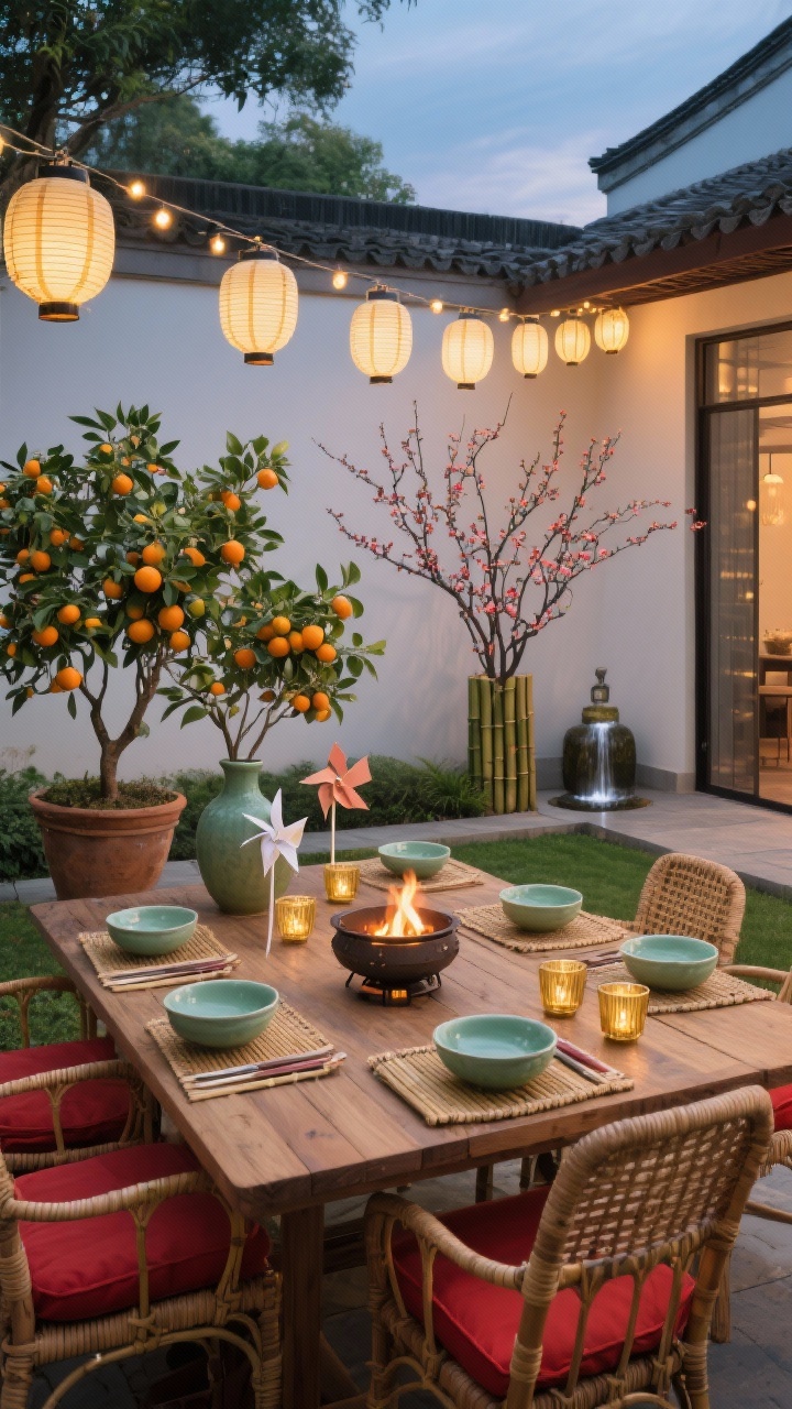 Wide shot, garden-to-table courtyard setup: string of outdoor-safe lanterns glowing overhead at dusk; slatted wood table set with bamboo placemats and ceramic bowls in celadon; potted kumquat trees heavy with fruit and tall vases of plum blossom branches adding seasonal energy; rattan chairs with red seat cushions around the table; a portable fire bowl providing subtle warmth; accents of paper pinwheels and gold tea-light cups; a small bamboo water feature in the background; palette of natural wood, jade, red, fresh green; twilight ambiance, corner angle.