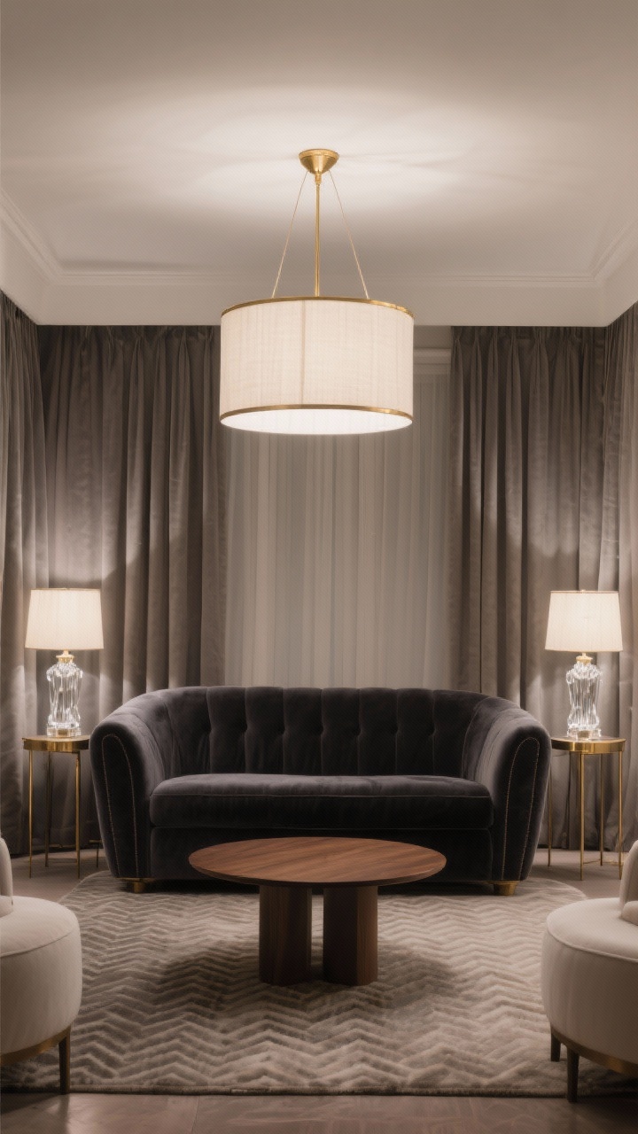 Wide shot, Luxe Hotel Lounge With Layered Glow: A boutique-hotel-inspired living room in smoky neutrals—charcoal, taupe, ivory, and soft brass—featuring a cream linen flush-mount drum chandelier with a thin brass rim centered over a deep charcoal velvet sofa. Two slim brass floor lamps with off-white shades frame the sofa. Crystal base table lamps with linen shades sit on side tables. A low walnut coffee table with rounded corners sits on a wool herringbone rug. Heavy warm-gray linen curtains, soft layered warm lighting, cocoon-like ambiance, photorealistic.