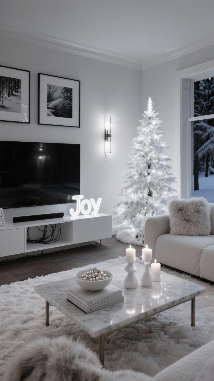 Wide shot, Luxe Monochrome Media Room: snowy sectional facing a matte white media console with cords hidden; plush white rug; coffee table styled with glossy white books, a marble bowl of pearl ornaments, and three sculptural white candles; dimmed sconces and a white neon “Joy” sign providing playful brightness; faux fur throws and boucle accent chairs; walls with black-and-white winter photography in slim white frames; a flocked pencil tree with only white lights, no ornaments; moody evening lighting, photorealistic, straight-on view.