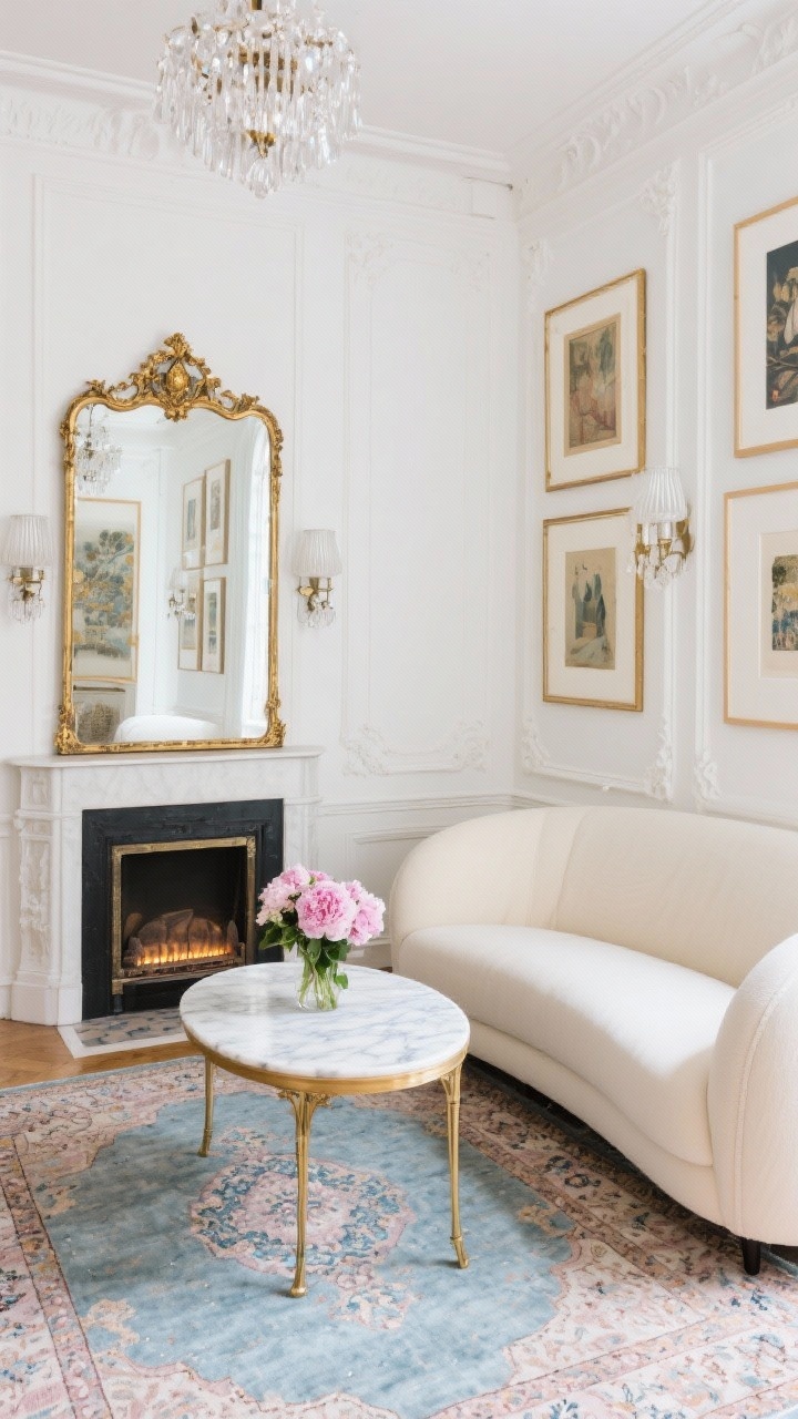 Wide shot, Modern Parisian Salon: warm white walls with faux picture-frame moulding; a curved cream sofa facing a petite marble-topped bistro table used as a coffee table; a vintage-inspired Persian rug in muted blues and blush underfoot; an ornate gold mirror above a slim fireplace mantel (electric or decorative); gallery-style art grouped elegantly; fluted glass sconces and a delicate crystal flush mount providing airy, sparkling light; a small bouquet of fresh peonies on the table.