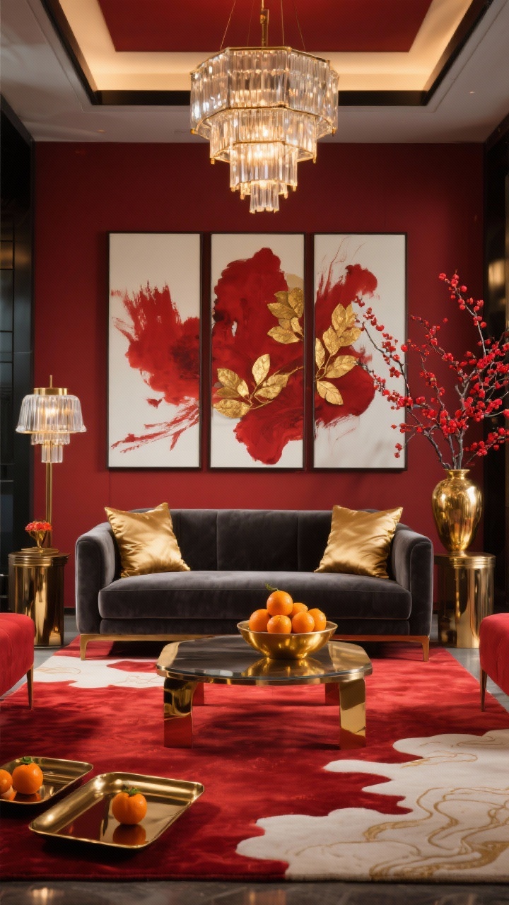 Wide shot, modern red and gold luxe living room: a sleek, low-profile charcoal velvet sofa on a red silk area rug with a subtle cloud motif; brushed gold side tables reflecting warm light; a large triptych of abstract red ink art with gold leaf accents hanging behind the sofa; crystal lantern-inspired pendant lights overhead; a glass coffee table styled with a tight cluster of mandarin oranges in a gold bowl; silk cushions, lacquer trays, and a tall gold floor vase with red plum blossoms; palette of deep red, charcoal, gold, and ivory; evening ambient glow, photorealistic, straight-on view.