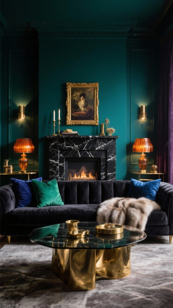 Wide shot, Moody Jewel-Tone Glam: walls painted deep teal (or aubergine/forest green), charcoal velvet sectional anchoring the space, brass-and-smoked-glass coffee table centered, emerald and sapphire pillows and a draped faux fur throw, black-marble mantel topped with gilt-framed art and taper candles, amber glass lamps casting a warm dim glow, brass accents and silk textures layered through accessories, nighttime dramatic ambiance with dimmable sconces and low lamps, photorealistic.