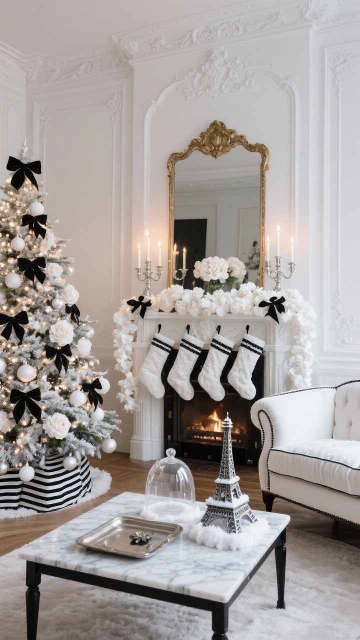 Wide shot, Parisian White Parlor With Noir Notes: elegant parlor with crisp white molding and fireplace; mantel dressed with layered white stockings and a lush white garland; black-and-white striped ribbons, white peonies, and antique silver candlesticks adding contrast; coffee table styled with a marble tray and glass cloche covering a snow-dusted miniature Eiffel Tower; white velvet settee with black piping; Christmas tree adorned with white ornaments tied with thin black satin bows and warm white lights; ornate white-over-gold mirror reflecting candlelight; evening glow, photorealistic, straight-on.