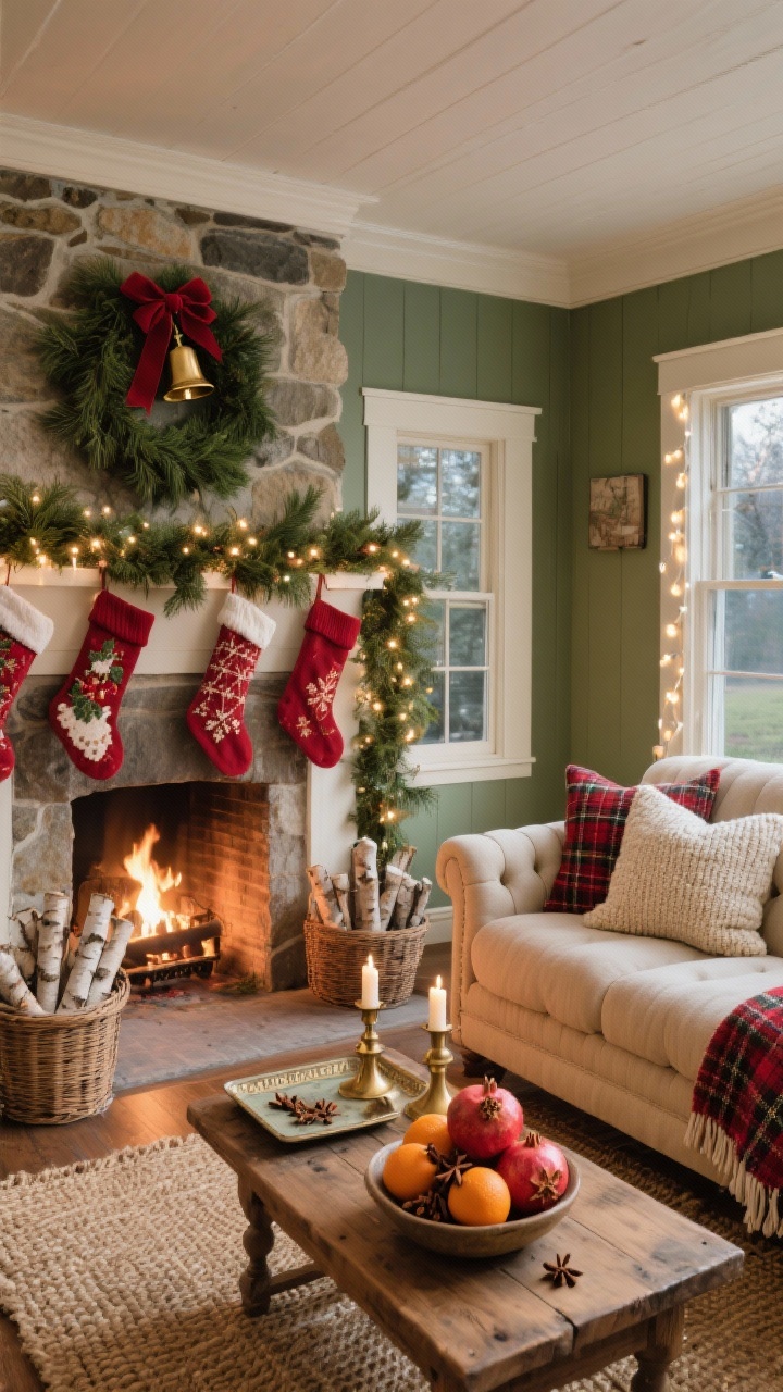 Wide shot, photorealistic, a classic cottage living room anchored by an oatmeal tufted linen sofa with a plaid wool throw and chunky knit pillows; a stone fireplace draped with a fresh cedar garland tied with velvet red ribbon and brass bells; needlepoint stocking set, basket of birch logs, warm white string lights; woven jute rug, brass candleholders, wood coffee table with vintage trays and a bowl of pomegranates and clove-studded oranges; color palette of fir green, cranberry red, linen, warm wood; soft evening glow from fire and string lights, no people.
