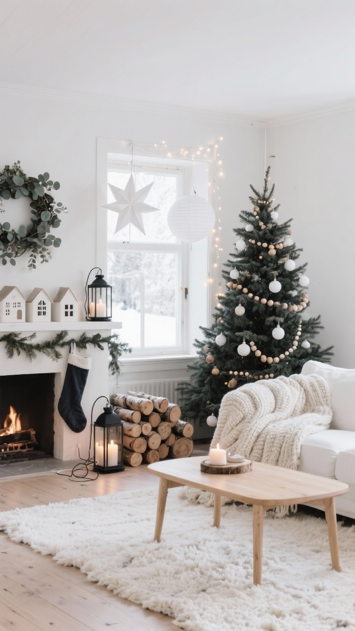 Wide shot, Scandinavian Snowfall Living Room: a bright, airy living room with a white linen sofa, light oak coffee table, and soft ivory wool rug; palette of white, natural wood, and a whisper of charcoal; Christmas tree dressed in matte white ornaments, unfinished wood beads, and warm white fairy lights; chunky knit throw draped on the sofa; stack of birch logs by the hearth; white paper star lanterns hanging in the window; ceramic village houses on the mantle; eucalyptus garland; subtle contrast from a black metal lantern and charcoal linen stockings; wires hidden, unscented candles glowing; natural daylight with warm twinkle accents, photorealistic, straight-on view.