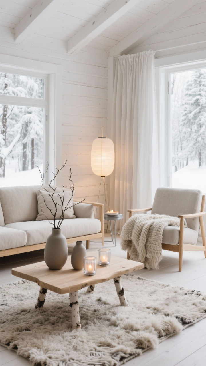Wide shot, Snowy Scandinavian Woodland Living Room: a minimalist cabin-style living room in warm whites, pale grays, and soft taupes; blonde wood low-profile sofa with flax-colored cushions, birch coffee table holding matte ceramic vases with bare branches; chunky wool rug and faux sheepskin draped over a light oak armchair; linen curtains; soft warm lighting from a paper lantern floor lamp and tea lights in frosted glass votives; brushed nickel/pewter accents; textures of bouclé, wool knits, and linen emphasized; calm, clean, cozy winter mood, photorealistic, straight-on view.