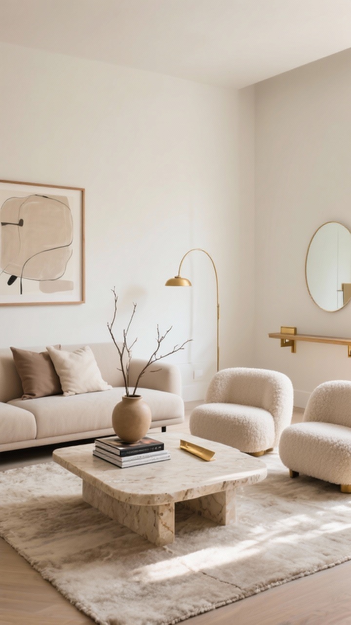 Wide shot, Soft Minimal Luxe Living Room: a serene, photorealistic living room with creamy warm-white walls and a taupe-soft palette; a low-profile beige sectional and two bouclé lounge chairs sit on a soft wool rug; a travertine coffee table centered with three art books stacked and a brass bookmark; one sculptural ceramic vessel with tall branches; neutral abstract art in a thin wood frame; brushed brass accents throughout including a slim arc floor lamp, floating shelf with brass brackets, and a delicate rimmed mirror; two oversized linen pillows; natural daylight with subtle highlights on brass, styling sparse and intentional.