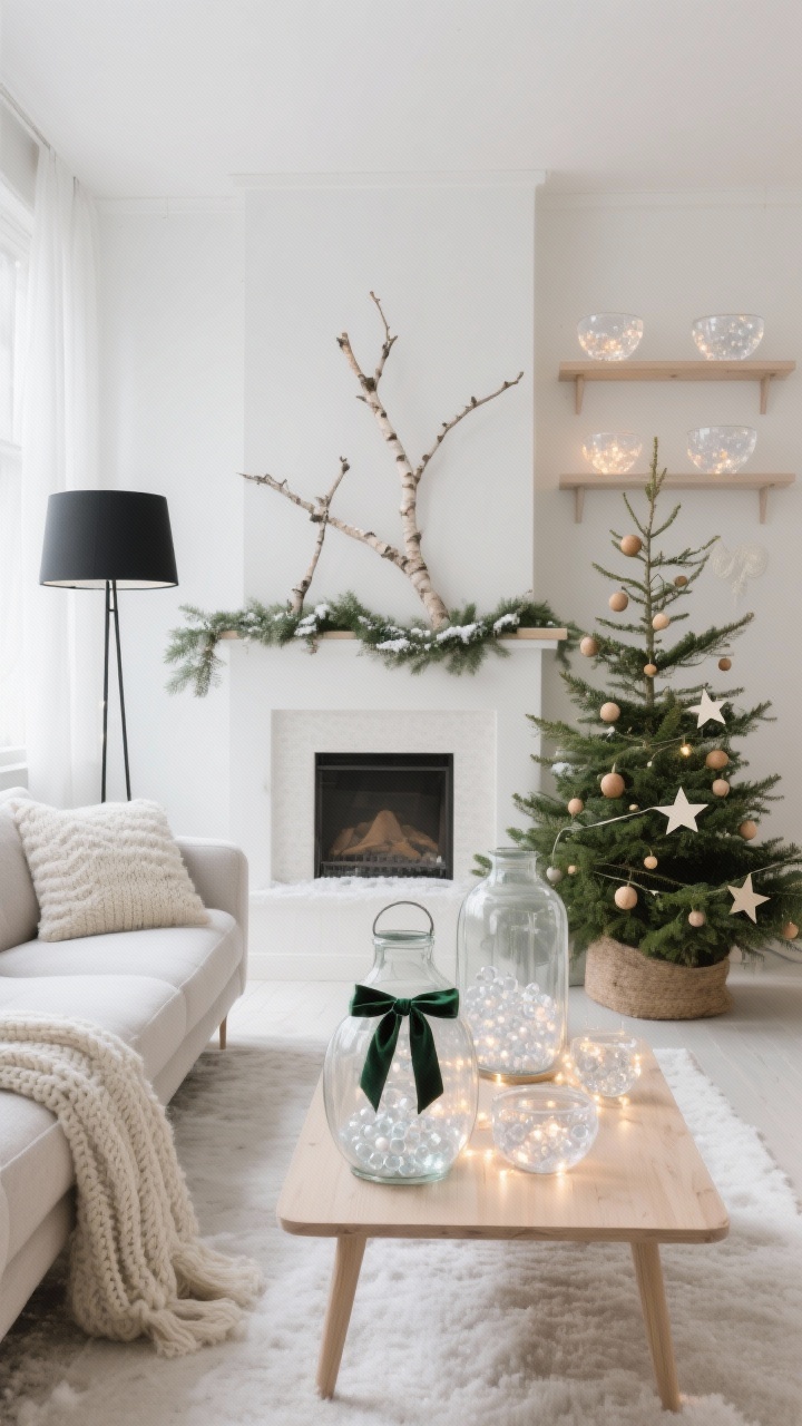 Wide shot, straight-on Scandinavian living room in soft natural winter light: ivory, oatmeal, and pale grey palette with a whisper of pine green. Low-profile sofa with chunky knit throw, matte black floor lamp, birch branch garland across the mantle. Under a light wood coffee table, oversized frosted glass lanterns filled with clear water beads and warm micro-LED fairy lights, velvet ribbon ties. Sparse faux fir tree decorated with wood beads and paper stars. Clear water bead bowls tucked on shelves catching glow. Clean, soft, hygge mood, snowlight ambiance, photorealistic.