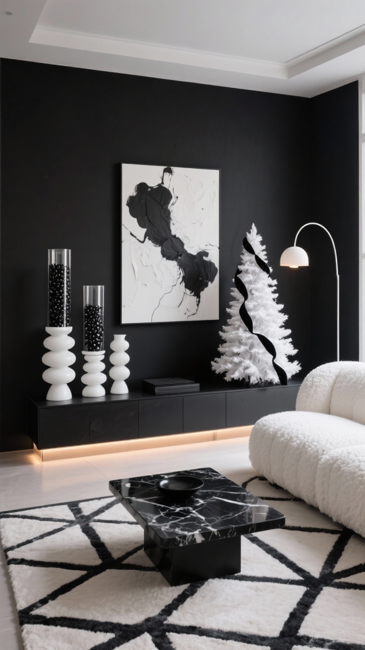 Wide, straight-on modern lounge with graphic contrast: matte black accent wall with low media console. Tall cylinder vases acting as sculptural columns—some filled with black water beads, others white, and a few with alternating layers—subtly backlit by under-cabinet LEDs. White boucle sofa, black marble coffee table, geometric rug. Minimal white Christmas tree with black velvet ribbon streamers; oversized abstract canvas in shades of ink and snow. Arc floor lamp adding soft overhead glow. Sleek, editorial, high-contrast photorealism.