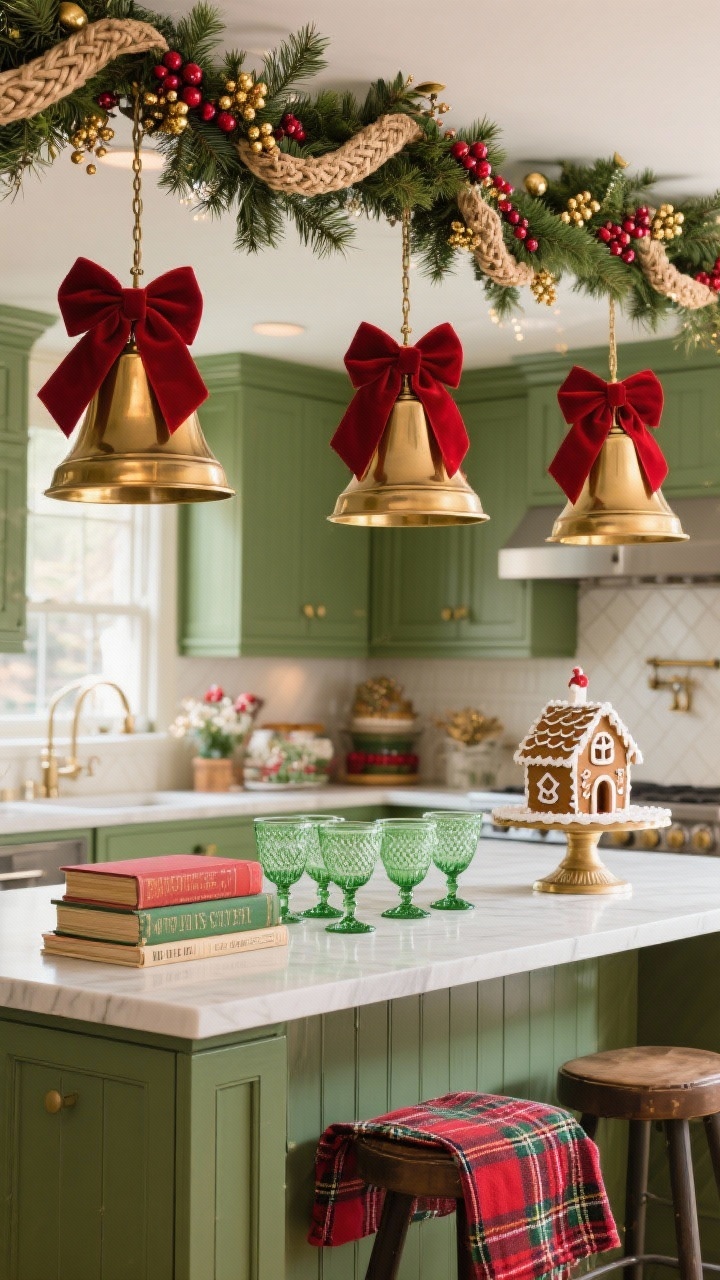 Wide, straight-on view of a traditional kitchen with polished brass bell-shaped pendants adorned with deep red velvet bows; full pine garland swags across the light bar with woven cranberries and gold berry picks. On the island: stacked vintage holiday cookbooks, green hobnail glassware, and a gingerbread house on a classic cake stand; plaid tea towels draped over counter stools. Palette pine green, cranberry red, antique brass; statement red ribbon tails cascade just below each pendant. Warm, cozy Christmas glow; no people.