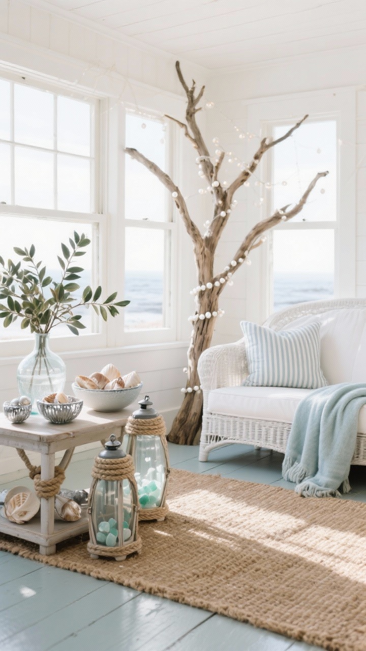 Wide, sunlit coastal cottage sunroom: white wicker seating with ticking stripe cushions and a pale blue throw; driftwood tree strung with pearl lights; bowls of seashells mixed with silver ornaments on a side table; jute rug layered over painted floors; eucalyptus and olive branches in frosted glass vases; rope-wrapped lanterns; colors sea glass, soft white, sandy beige, silver; bright natural winter light, airy and breezy.