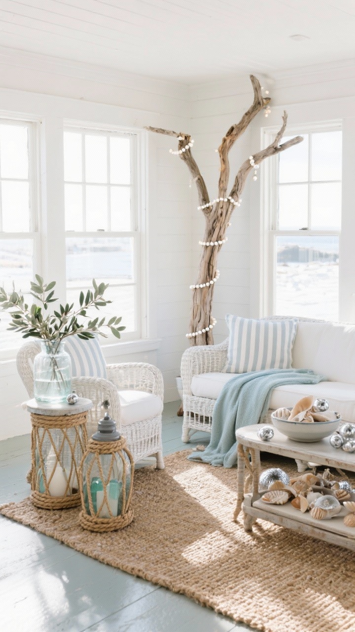 Wide, sunlit coastal cottage sunroom: white wicker seating with ticking stripe cushions and a pale blue throw; driftwood tree strung with pearl lights; bowls of seashells mixed with silver ornaments on a side table; jute rug layered over painted floors; eucalyptus and olive branches in frosted glass vases; rope-wrapped lanterns; colors sea glass, soft white, sandy beige, silver; bright natural winter light, airy and breezy.