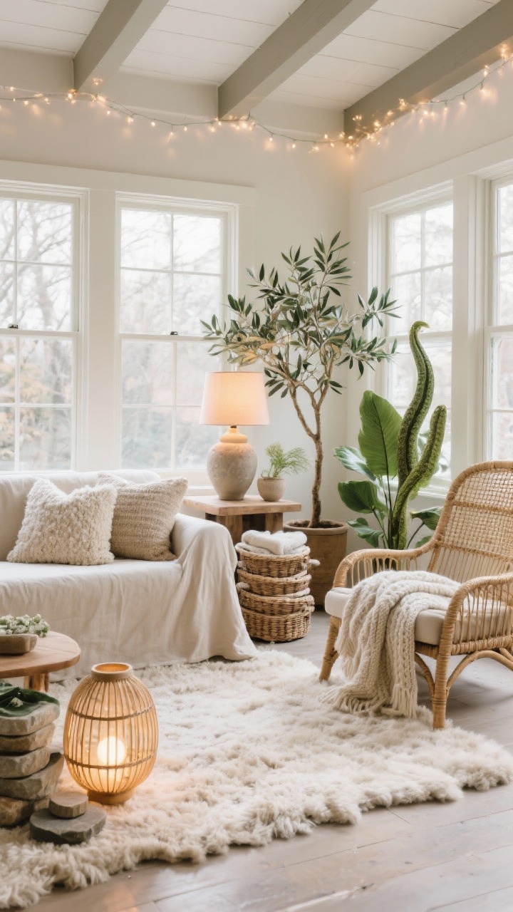 Wide sunroom shot with soft afternoon light: Textured neutral space featuring a linen slipcovered loveseat, rattan lounge chair, and a fluffy high-pile rug. Mix of textures: bouclé pillows, knit throws, woven side table. Winter plants—olive tree and snake plant—clustered near windows. Ceramic lamp with warm bulb on a side surface. Micro fairy lights strung along ceiling beams add a twinkle. Palette of sand, ivory, mushroom, soft green. Stacked baskets for blankets, stone coasters, oversized floor lanterns.