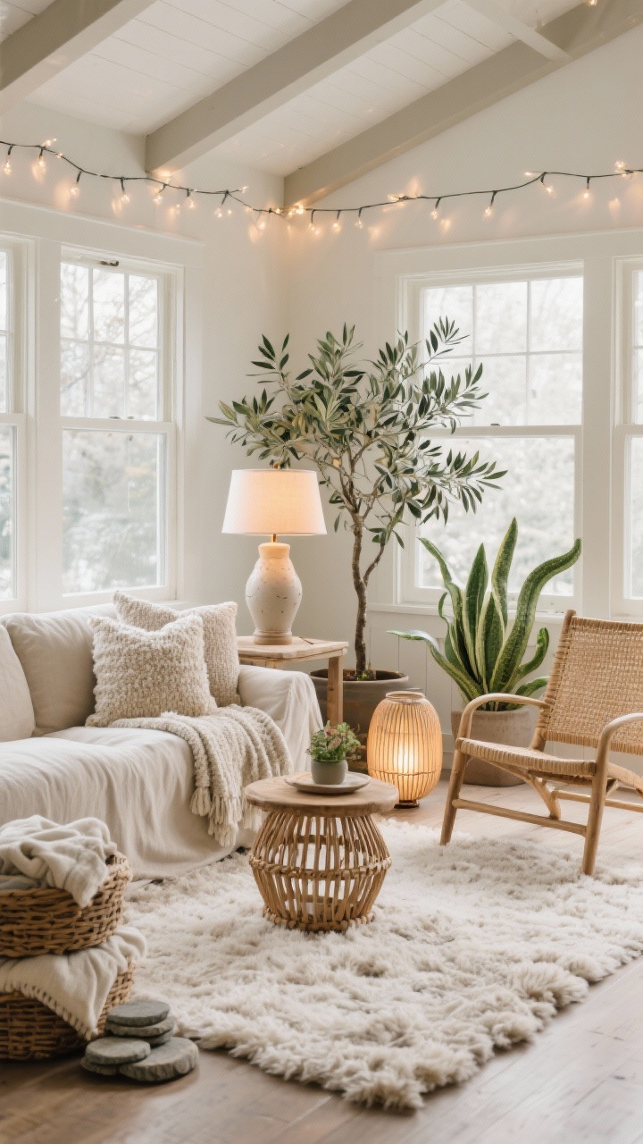 Wide sunroom shot with soft afternoon light: Textured neutral space featuring a linen slipcovered loveseat, rattan lounge chair, and a fluffy high-pile rug. Mix of textures: bouclé pillows, knit throws, woven side table. Winter plants—olive tree and snake plant—clustered near windows. Ceramic lamp with warm bulb on a side surface. Micro fairy lights strung along ceiling beams add a twinkle. Palette of sand, ivory, mushroom, soft green. Stacked baskets for blankets, stone coasters, oversized floor lanterns.