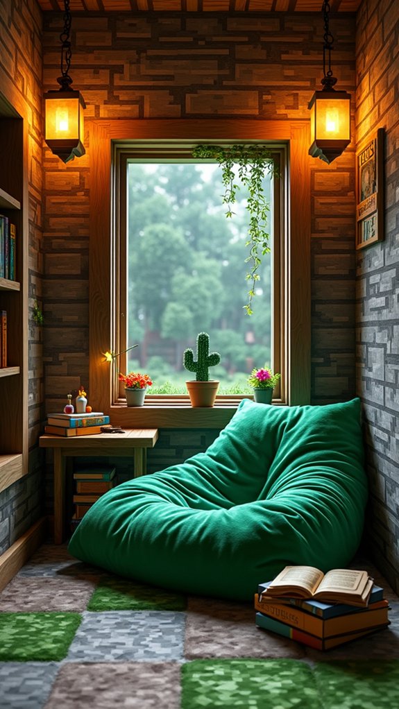 cozy minecraft themed reading nook