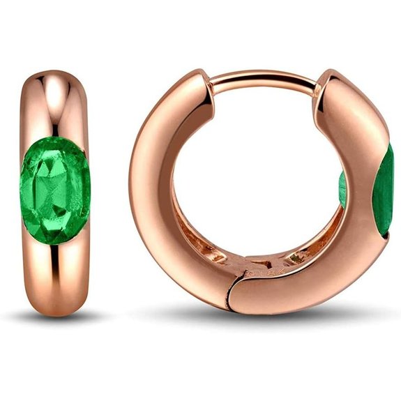 14K Gold Natural Emerald Hoop Earrings with Diamonds