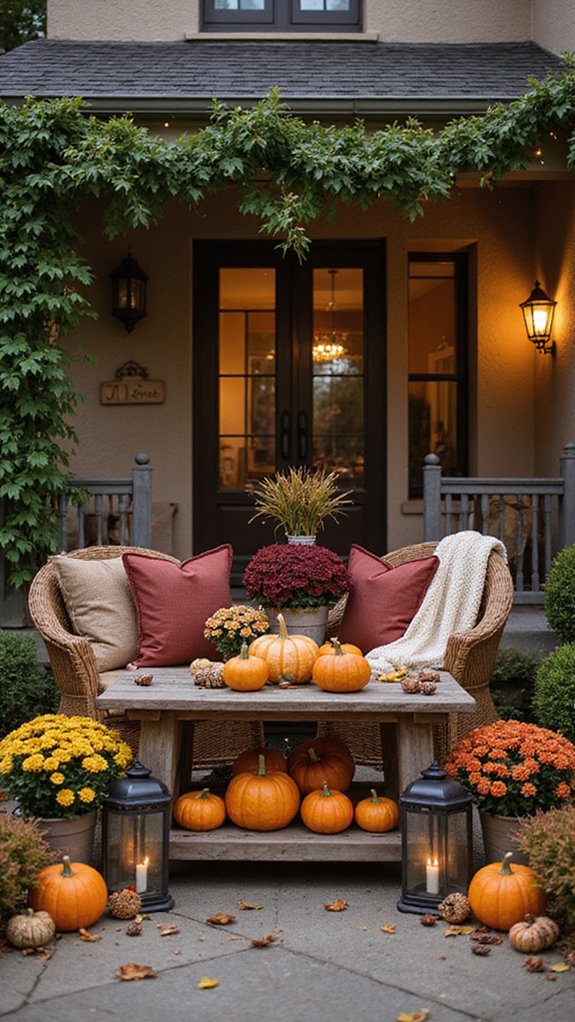 fall floral and pumpkin display