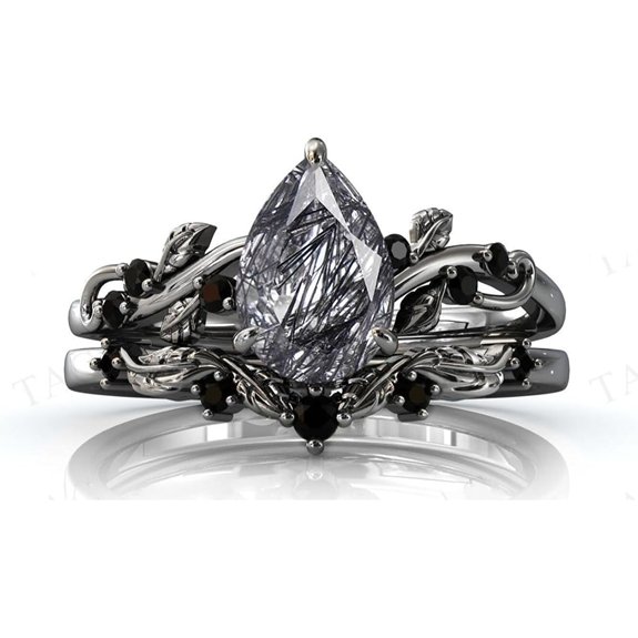 Natural Pear Black Rutilated Quartz Engagement Ring Set