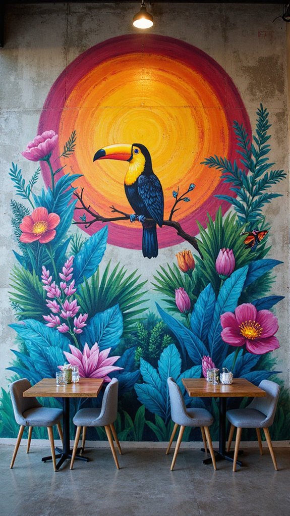 vibrant murals enhance dining